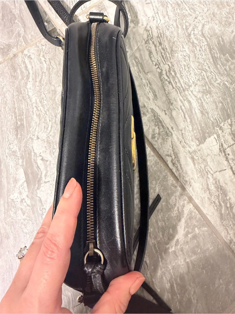 Gucci Marmont Black Chevron GG Leather Crossbody Bag with Gold Hardware